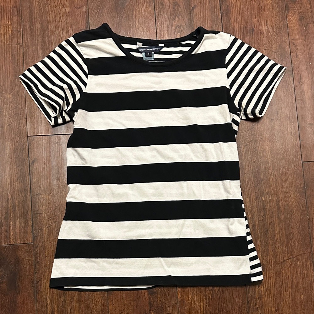French Connection Black and Cream Striped Tee